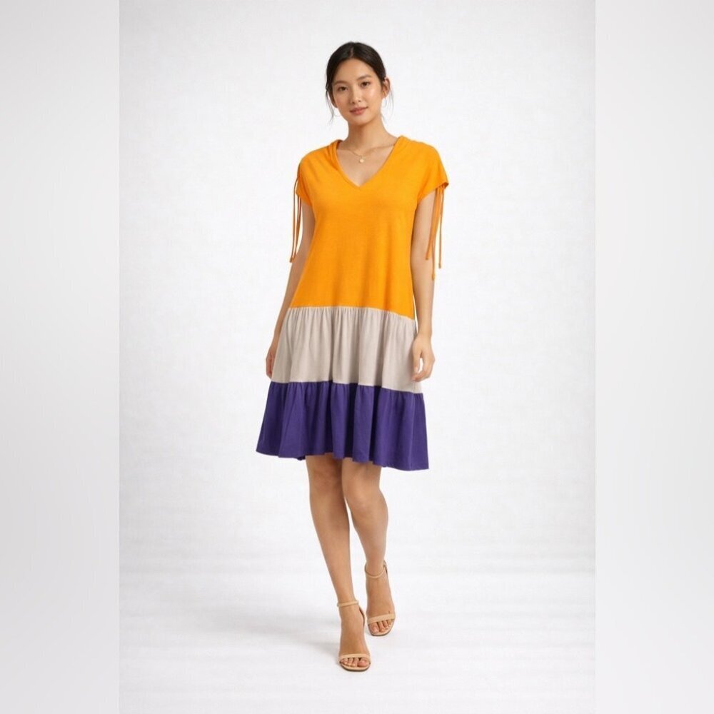 Orange Colorblock Tiered V Neck Casual Summer Vacation Boho Chic Dress Breezy